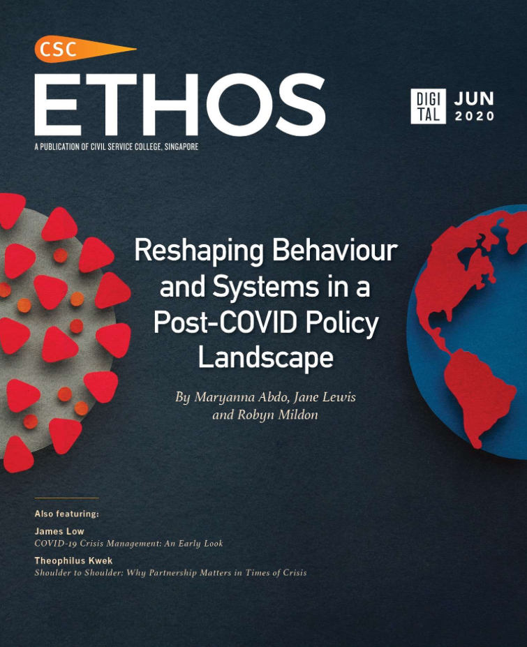 Magazine cover titled "ETHOS" features the article "Reshaping Behaviour and Systems in a Post-COVID Policy Landscape."